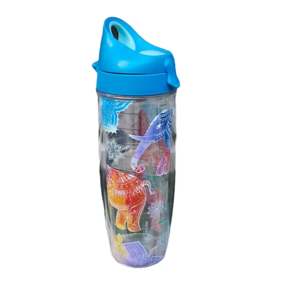 Tervis Tumbler 24oz Mehndi Elephants Insulated Water Bottle Blue Flip Lid
